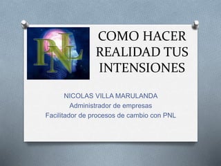 COMO HACER
REALIDAD TUS
INTENSIONES
NICOLAS VILLA MARULANDA
Administrador de empresas
Facilitador de procesos de cambio con PNL
 