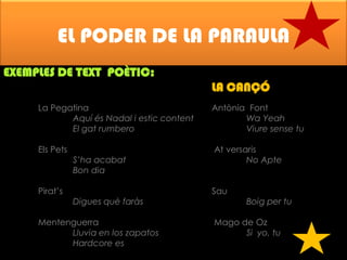 EL PODER DE LA PARAULA
EXEMPLES DE TEXT POÈTIC:

LA CANÇÓ
La Pegatina
Aquí és Nadal i estic content
El gat rumbero

Antònia Font
Wa Yeah
Viure sense tu

Els Pets

At versaris
No Apte

Pirat’s

S’ha acabat
Bon dia
Digues què faràs

Mentenguerra
Lluvia en los zapatos
Hardcore es

Sau

Boig per tu

Mago de Oz
Si yo, tu

 