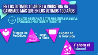 6
En los últimos 10 años la industria ha
cambiado más que en los últimos 100 años
UN MEDIO NO DESPLAZA A OTRO SINO GENERA UNA NUEVA
OPORTUNIDAD PARA OFRECER PRODUCTOS
Primero los
Periódicos Luego
la Radio
Llegada de
la Televisión
Y ahora el
Internet
 
