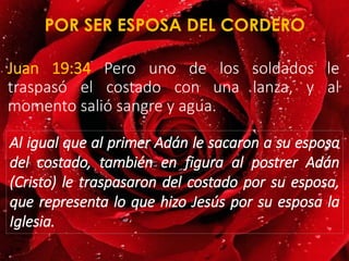 Juan 19:34 Pero uno de los soldados le
traspasó el costado con una lanza, y al
momento salió sangre y agua.
POR SER ESPOSA DEL CORDERO
Al igual que al primer Adán le sacaron a su esposa
del costado, también en figura al postrer Adán
(Cristo) le traspasaron del costado por su esposa,
que representa lo que hizo Jesús por su esposa la
Iglesia.
 