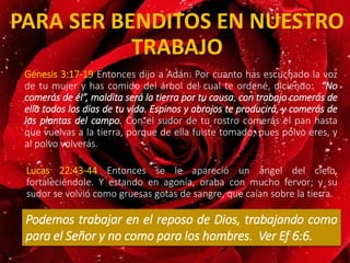PARA SER BENDITOS EN NUESTRO
TRABAJO
Génesis 3:17-19 Entonces dijo a Adán: Por cuanto has escuchado la voz
de tu mujer y has comido del árbol del cual te ordené, diciendo: “No
comerás de él”, maldita será la tierra por tu causa; con trabajo comerás de
ella todos los días de tu vida. Espinos y abrojos te producirá, y comerás de
las plantas del campo. Con el sudor de tu rostro comerás el pan hasta
que vuelvas a la tierra, porque de ella fuiste tomado; pues polvo eres, y
al polvo volverás.
Lucas 22:43-44 Entonces se le apareció un ángel del cielo,
fortaleciéndole. Y estando en agonía, oraba con mucho fervor; y su
sudor se volvió como gruesas gotas de sangre, que caían sobre la tierra.
Podemos trabajar en el reposo de Dios, trabajando como
para el Señor y no como para los hombres. Ver Ef 6:6.
 