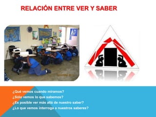 RELACIÓN ENTRE VER Y SABER




¿Qué vemos cuando miramos?
¿Sólo vemos lo que sabemos?
¿Es posible ver más allá de nuestro saber?
¿Lo que vemos interroga a nuestros saberes?
 