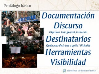 Pentálogo básico

                   Documentación
                      Discurso
                      Objetivos, tono general, invitación

                   Destinatarios
                    Quién para decir qué a quién / Pirámide

                   Herramientas
                    Visibilidad
 