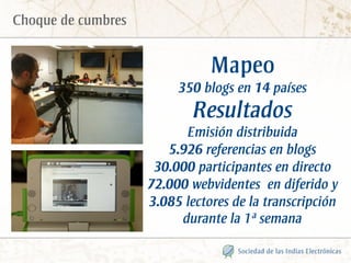 Choque de cumbres


                               Mapeo
                         350 blogs en 14 países
                            Resultados
                          Emisión distribuida
                       5.926 referencias en blogs
                     30.000 participantes en directo
                    72.000 webvidentes en diferido y
                    3.085 lectores de la transcripción
                         durante la 1ª semana
 