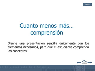 Cerrar




       Cuanto menos más…
          comprensión
Diseñe una presentación sencilla únicamente con los
elementos necesarios, para que el estudiante comprenda
los conceptos.
 