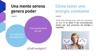 Una mente serena
genera poder
Capítulo 2
“Un oído lleno
de problemas”
“Una mente llena
de paz”
¿Cuál escoges?
Cómo tener una
energía constante
Capítulo 3
Entre más tiempo vivo, más me convenzo
de que ni la edad ni las circunstancias
tienen por qué privarnos de energía y
vitalidad.
 