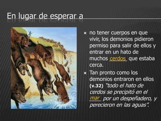 En lugar de esperar a
                           no tener cuerpos en que
                            vivir, los demonios pidieron
                            permiso para salir de ellos y
                            entrar en un hato de
                            muchos ______ que estaba
                                       cerdos
                            cerca.
                           Tan pronto como los
                            demonios entraron en ellos
                            (v.32)“todo el hato de
                            cerdos se precipitó en el
                            mar
                            ____ por un despeñadero, y
                            perecieron en las aguas”.
 