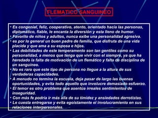 FLEMATICO SANGUINEO Es congenial, feliz, cooperativo, atento, orientado hacia las personas,  diplomático, fiable, le encanta la diversión y esta lleno de humor. Favorito de niños y adultos, nunca exibe una personalidad agresiva. es por lo general un buen padre de familia, que disfruta de una vida  placida y que ama a su esposa e hijos. Las debilidades de este temperamento son tan gentiles como su  personalidad, a menos que tenga que vivir con el siempre, ya que ha  heredado la falta de motivación de un flemático y falta de disciplina de  un sanguíneo. No es raro que este tipo de persona no llegue a la altura de sus  verdaderas capacidades. A menudo no termina la escuela, deja pasar de largo las buenas  oportunidades, y evita todo aquello que involucre demasiado esfuerzo.  El temor es otro problema que asentúa irreales sentimientos de  inseguridad. Con más fe podría ir más alla de su timidez y ansiedades derrotistas. Le cuesta entregarse y evita egoistamente el involucramiento en sus  relaciones interpersonales. 