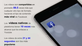 Los videos son compartidos en
promedio 89.5 veces más que
cualquier otro tipo de formato,
haciendo el tipo de contenido
más viral de Facebook
Los vídeos nativos de
plataforma tienen 10 veces más
alcance que los enlaces a
Youtube
Los videos de entre 21 y 44
segundos son los más
populares
 