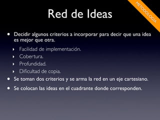M
                                                           ET
                   Red de Ideas




                                                             O
                                                              D
                                                               O
                                                                LO
                                                                  G
                                                                     ÍA
•   Decidir algunos criterios a incorporar para decir que una idea
    es mejor que otra.
    ‣ Facilidad de implementación.
    ‣ Cobertura.
    ‣ Profundidad.
    ‣ Diﬁcultad de copia.
•   Se toman dos criterios y se arma la red en un eje cartesiano.
•   Se colocan las ideas en el cuadrante donde corresponden.
 