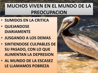 MUCHOS VIVEN EN EL MUNDO DE LA
PREOCUPACION
• SUMIDOS EN LA CRITICA
• QUEJANDOSE
DIARIAMENTE
• JUSGANDO A LOS DEMAS
• SINTIENDOSE CULPABLES DE
SU PASADO, CON LO QUE
ALIMENTAN LA DEPRESION
• AL MUNDO DE LA ESCASEZ
LE LLAMAMOS POBREZA
 