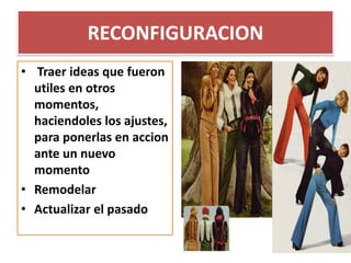 RECONFIGURACION
• Traer ideas que fueron
utiles en otros
momentos,
haciendoles los ajustes,
para ponerlas en accion
ante un nuevo
momento
• Remodelar
• Actualizar el pasado
 