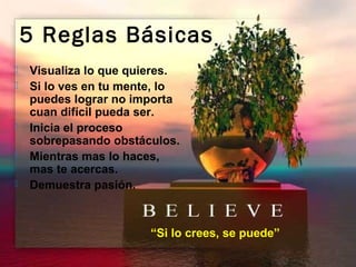5 Reglas Básicas
   Visualiza lo que quieres.
   Si lo ves en tu mente, lo
    puedes lograr no importa
    cuan difícil pueda ser.
   Inicia el proceso
    sobrepasando obstáculos.
   Mientras mas lo haces,
    mas te acercas.
   Demuestra pasión.



                        “Si lo crees, se puede”
 