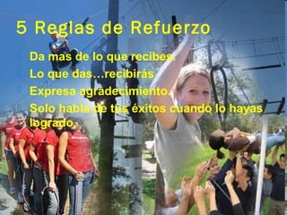 5 Reglas de Refuerzo
 Da mas de lo que recibes.
 Lo que das…recibirás
 Expresa agradecimiento.
 Solo habla de tus éxitos cuando lo hayas
  logrado.
 