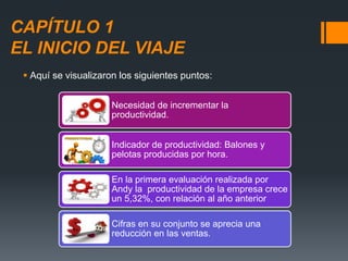 CAPÍTULO 1
EL INICIO DEL VIAJE
 Aquí se visualizaron los siguientes puntos:
Necesidad de incrementar la
productividad.
Indicador de productividad: Balones y
pelotas producidas por hora.
En la primera evaluación realizada por
Andy la productividad de la empresa crece
un 5,32%, con relación al año anterior
Cifras en su conjunto se aprecia una
reducción en las ventas.
 