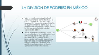LA DIVISIÓN DE PODERES EN MÉXICO
 Tal y como lo reza el artículo 49
constitucional a partir de 1917 , el
cual contiene el principio de
separación de poderes y estos sólo
se pueden realizar actos que el
ordenamiento constitucional prevé
limitando la actuación de los
órganos de poder .
 Se dice que de acuerdo al artículo
41constitucional el pueblo ejerce su
soberanía por medio de los
poderes de la unión y que la
renovación del poder ejecutivo y
legislativo se realizará mediante
elecciones libres, autenticas y
periódicas. Supuestamente en
ejercicio de la Democracia.
 
