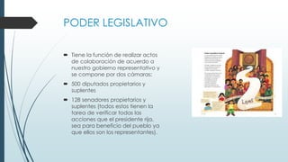 PODER LEGISLATIVO
 Tiene la función de realizar actos
de colaboración de acuerdo a
nuestro gobierno representativo y
se compone por dos cámaras:
 500 diputados propietarios y
suplentes
 128 senadores propietarios y
suplentes (todos estos tienen la
tarea de verificar todas las
acciones que el presidente rija,
sea para beneficio del pueblo ya
que ellos son los representantes).
 