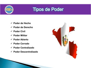  Poder de Hecho
 Poder de Derecho
 Poder Civil
 Poder Militar
 Poder Abierto
 Poder Cerrado
 Poder Centralizado
 Poder Descentralizado
 