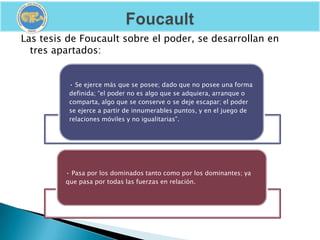 Las tesis de Foucault sobre el poder, se desarrollan en
  tres apartados:


          • Se ejerce más que se posee; dado q...