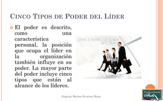 CINCO TIPOS DE PODER DEL LÍDER 
Eugenio Marlon Evaristo Borja 
El poder es descrito, como una característica personal, la posición que ocupa el líder en la organización también influye en su poder. La mayor parte del poder incluye cinco tipos que están al alcance de los líderes.  