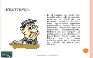 RESISTENCIA 
Eugenio Marlon Evaristo Borja 
Si el ejercicio del poder por posición sobre todo la coacción, pasa de un nivel que las personas consideran legitimo, estas seguramente opondrán resistencia al intento de esta influencia. Quiere decir que los empleados, deliberadamente, trataran de no cumplir las instrucciones o de desobedecer las órdenes. Por lo tanto, los lideres que se basen exclusivamente en el poder de su posición no serán muy eficaces.  