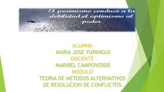 ALUMNA
MARIA JOSE YUPANGUI
DOCENTE
MARIBEL CAMPOVERDE
MODULO
TEORIA DE METODOS ALTERNATIVOS
DE RESOLUCION DE CONFLICTOS.
 