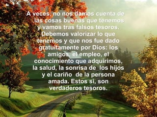 A veces, no nos damos cuenta de las cosas buenas que tenemos y vamos tras falsos tesoros. Debemos valorizar lo que tenemos y que nos fue dado gratuitamente por Dios: los amigos, el empleo, el conocimiento que adquirimos, la salud, la sonrisa de los hijos y el cariño de la persona amada. Estos si, son verdaderos tesoros.