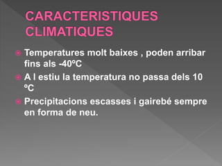  Temperatures molt baixes , poden arribar
fins als -40ºC
 A l estiu la temperatura no passa dels 10
ºC
 Precipitacions escasses i gairebé sempre
en forma de neu.
 