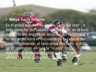 • Golpe hacia delante
Es el golpe natural, dado del "lado del lazo", o
lado derecho del caballo. La dirección de la bola
depende del ángulo de rotación del torso, que a
su vez determina el encuadre de la cabeza del
taco. Idealmente, el taco debe impactar la bola
en el momento en que la "mano" (pata
delantera) derecha del animal se encuentra
afirmada en el piso y junto a la bola.
 