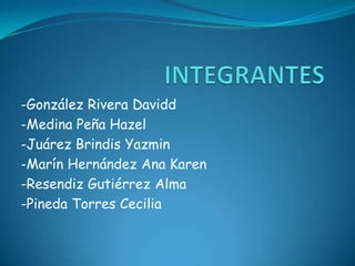 INTEGRANTES-González Rivera Davidd-Medina Peña Hazel-Juárez Brindis Yazmin-Marín Hernández Ana Karen-Resendiz Gutiérrez Alma-Pineda Torres Cecilia 