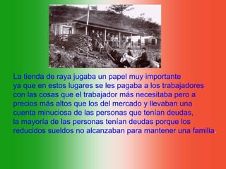 La tienda de raya jugaba un papel muy importante
ya que en estos lugares se les pagaba a los trabajadores
con las cosas que el trabajador más necesitaba pero a
precios más altos que los del mercado y llevaban una
cuenta minuciosa de las personas que tenían deudas,
la mayoría de las personas tenían deudas porque los
reducidos sueldos no alcanzaban para mantener una familia.
 