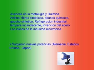 Avances en la metalugia y Quimica
Anilina, fibras sinteticas, abonos quimicos,
gaucho sintetico, Refrigeracion industrial,
lampara incandecente, invencion del acero
Los inicios de la industria electronica



Surgieron nuevas potencias (Alemania, Estados
Unidos, Japón)
 