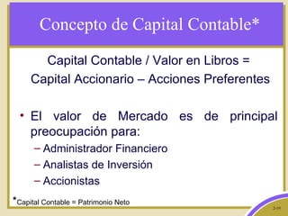 2-19
Concepto de Capital Contable*
Capital Contable / Valor en Libros =
Capital Accionario – Acciones Preferentes
• El valor de Mercado es de principal
preocupación para:
– Administrador Financiero
– Analistas de Inversión
– Accionistas
*Capital Contable = Patrimonio Neto
 