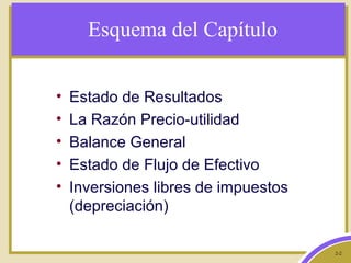 2-2
Esquema del Capítulo
• Estado de Resultados
• La Razón Precio-utilidad
• Balance General
• Estado de Flujo de Efectivo
• Inversiones libres de impuestos
(depreciación)
 