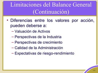 2-21
Limitaciones del Balance General
(Continuación)
• Diferencias entre los valores por acción,
pueden deberse a:
– Valuación de Activos
– Perspectivas de la Industria
– Perspectivas de crecimiento
– Calidad de la Administración
– Expectativas de riesgo-rendimiento
 