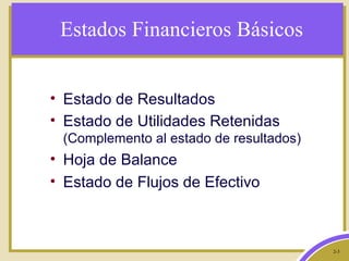 2-3
Estados Financieros Básicos
• Estado de Resultados
• Estado de Utilidades Retenidas
(Complemento al estado de resultados)
• Hoja de Balance
• Estado de Flujos de Efectivo
 