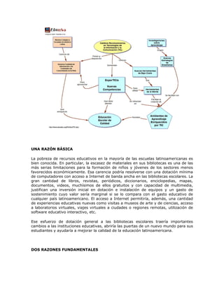 UNA RAZÓN BÁSICA

La pobreza de recursos educativos en la mayoría de las escuelas latinoamericanas es
bien conocida. En particular, la escasez de materiales en sus bibliotecas es una de las
más serias limitaciones para la formación de niños y jóvenes de los sectores menos
favorecidos económicamente. Esa carencia podría resolverse con una dotación mínima
de computadores con acceso a Internet de banda ancha en las bibliotecas escolares. La
gran cantidad de libros, revistas, periódicos, diccionarios, enciclopedias, mapas,
documentos, videos, muchísimos de ellos gratuitos y con capacidad de multimedia,
justifican una inversión inicial en dotación e instalación de equipos y un gasto de
sostenimiento cuyo valor sería marginal si se lo compara con el gasto educativo de
cualquier país latinoamericano. El acceso a Internet permitiría, además, una cantidad
de experiencias educativas nuevas como visitas a museos de arte y de ciencias, acceso
a laboratorios virtuales, viajes virtuales a ciudades o regiones remotas, utilización de
software educativo interactivo, etc.

Ese esfuerzo de dotación general a las bibliotecas escolares traería importantes
cambios a las instituciones educativas, abriría las puertas de un nuevo mundo para sus
estudiantes y ayudaría a mejorar la calidad de la educación latinoamericana.




DOS RAZONES FUNDAMENTALES
 