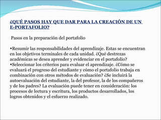 ¿QUÉ PASOS HAY QUE DAR PARA LA CREACIÓN DE UN  E-PORTAFOLIO?   Pasos en la preparación del portafolio Resumir las responsabilidades del aprendizaje. Estas se encuentran en los objetivos terminales de cada unidad. ¿Qué destrezas académicas se desea aprender y evidenciar en el portafolio?  Seleccionar los criterios para evaluar el aprendizaje. ¿Cómo se evaluará el progreso del estudiante y cómo el portafolio trabaja en combinación con otros métodos de evaluación? ¿Se incluirá la autoevaluación del estudiante, la del profesor, la de los compañeros y de los padres? La evaluación puede tener en  consideración: los procesos de lectura y escritura, los productos desarrollados, los logros obtenidos y el esfuerzo realizado.  