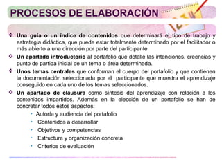 PROCESOS DE ELABORACIÓN
 Una guía o un índice de contenidos que determinará el tipo de trabajo y
estrategia didáctica, que puede estar totalmente determinado por el facilitador o
más abierto a una dirección por parte del participante.
 Un apartado introductorio al portafolio que detalle las intenciones, creencias y
punto de partida inicial de un tema o área determinada.
 Unos temas centrales que conforman el cuerpo del portafolio y que contienen
la documentación seleccionada por el participante que muestra el aprendizaje
conseguido en cada uno de los temas seleccionados.
 Un apartado de clausura como síntesis del aprendizaje con relación a los
contenidos impartidos. Además en la elección de un portafolio se han de
concretar todos estos aspectos:
• Autoría y audiencia del portafolio
• Contenidos a desarrollar
• Objetivos y competencias
• Estructura y organización concreta
• Criterios de evaluación
 