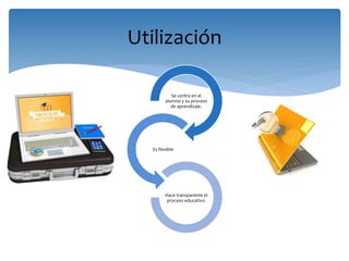 Se centra en el
alumno y su proceso
de aprendizaje.
Es flexible
Hace transparente el
proceso educativo.
Utilización
 