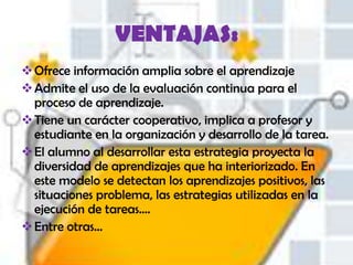 VENTAJAS:
 Ofrece información amplia sobre el aprendizaje
 Admite el uso de la evaluación continua para el
  proceso de aprendizaje.
 Tiene un carácter cooperativo, implica a profesor y
  estudiante en la organización y desarrollo de la tarea.
 El alumno al desarrollar esta estrategia proyecta la
  diversidad de aprendizajes que ha interiorizado. En
  este modelo se detectan los aprendizajes positivos, las
  situaciones problema, las estrategias utilizadas en la
  ejecución de tareas....
 Entre otras…
 