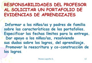 Moises Logroño G. 12
RESPONSABILIDADES DEL PROFESOR
AL SOLICITAR UN PORTAFOLIO DE
EVIDENCIAS DE APRENDIZAJES
Informar a lo...