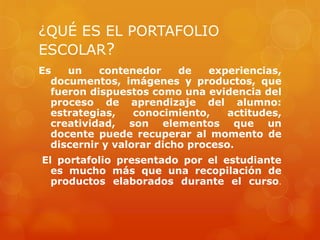 ¿QUÉ ES EL PORTAFOLIO
ESCOLAR?
Es   un    contenedor     de    experiencias,
  documentos, imágenes y productos, que
  fueron dispuestos como una evidencia del
  proceso de aprendizaje del alumno:
  estrategias,    conocimiento,    actitudes,
  creatividad, son elementos que un
  docente puede recuperar al momento de
  discernir y valorar dicho proceso.
El portafolio presentado por el estudiante
  es mucho más que una recopilación de
  productos elaborados durante el curso.
 