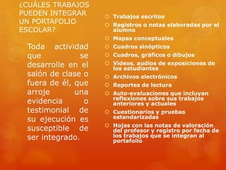 ¿CUÁLES TRABAJOS
PUEDEN INTEGRAR      Trabajos escritos
UN PORTAFOLIO        Registros o notas elaboradas por el
ESCOLAR?              alumno
                     Mapas conceptuales
 Toda actividad      Cuadros sinópticos
 que           se    Cuadros, gráficos o dibujos
 desarrolle en el    Videos, audios de exposiciones de
                      los estudiantes
 salón de clase o    Archivos electrónicos
 fuera de él, que    Reportes de lectura
 arroje       una    Auto-evaluaciones que incluyan
                      reflexiones sobre sus trabajos
 evidencia      o     anteriores y actuales
 testimonial de      Cuestionarios y pruebas
                      estandarizadas
 su ejecución es
                     Hojas con las notas de valoración
 susceptible de       del profesor y registro por fecha de
 ser integrado.       los trabajos que se integran al
                      portafolio
 