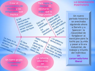 Crear el
conocimiento de
libertad y las
obligaciones que
implica
Un nuevo grupo:
Conservador
liberal
Para lograr la
libertad es
necesario un
orden que lo
haga posible
La reforma
educativa
del
positivismo
Un nuevo
periodo histórico
se avecinaba
siguiendo ahora
a Darwin y a
Spencer: la
necesidad de
fortalecer al
mexicano para la
lucha por la vida
y pasar a la era
industrial, de
trabajo y triunfo
del individuo
Un
conservadurismo
liberal
LA GENERACIÓN
POSITIVISTA
 