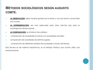 MÉTODOS SOCIOLÓGICOS SEGÚN AUGUSTO
COMTE.
1. LA OBSERVACION: debe hacerse guiada por la teoria y una vez hecha concectarla
con una ley.
2. LA EXPERIMENTACION: era mas adecuada para otras ciencias que para la
sociologia por obvias razones.
3. LA COMPARACION: se divide en tres subtipos:
a) comparación de sociedades humanas con sociedades animales.
b) comparación de sociedades de distintos lugares.
c) comparación de diferentes estadios de sociedades a través del tiempo.
Esta tercera es de máxima importancia, es el método histórico que Comte utilizo casi
exclusivamente.
 