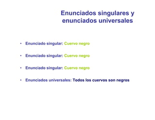 Enunciados singulares y
                     enunciados universales


•   Enunciado singular: Cuervo negro


•   Enunciado singular: Cuervo negro


•   Enunciado singular: Cuervo negro


•   Enunciados universales: Todos los cuervos son negros
 