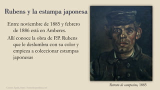 Rubens y la estampa japonesa
Entre noviembre de 1885 y febrero
de 1886 está en Amberes.
Allí conoce la obra de P.P. Rubens
que le deslumbra con su color y
empieza a coleccionar estampas
japonesas
Carmen Águila, https://hortushesperidum.com
Retrato de campesino, 1885
 