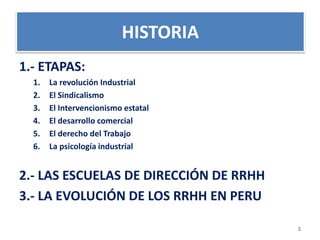 HISTORIA 
1.- ETAPAS: 
1. La revolución Industrial 
2. El Sindicalismo 
3. El Intervencionismo estatal 
4. El desarrollo comercial 
5. El derecho del Trabajo 
6. La psicología industrial 
2.- LAS ESCUELAS DE DIRECCIÓN DE RRHH 
3.- LA EVOLUCIÓN DE LOS RRHH EN PERU 
3 
 