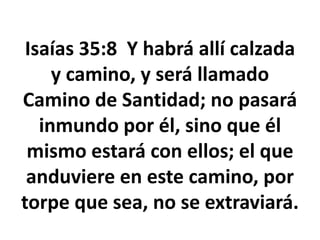 Isaías 35:8 Y habrá allí calzada
y camino, y será llamado
Camino de Santidad; no pasará
inmundo por él, sino que él
mismo estará con ellos; el que
anduviere en este camino, por
torpe que sea, no se extraviará.
 